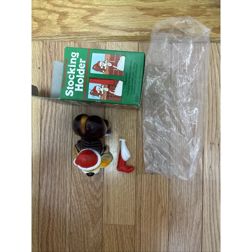 Vintage Giftco Christmas Pup Stocking Holder Puppy Santa Hat Mantel Decor Boxed